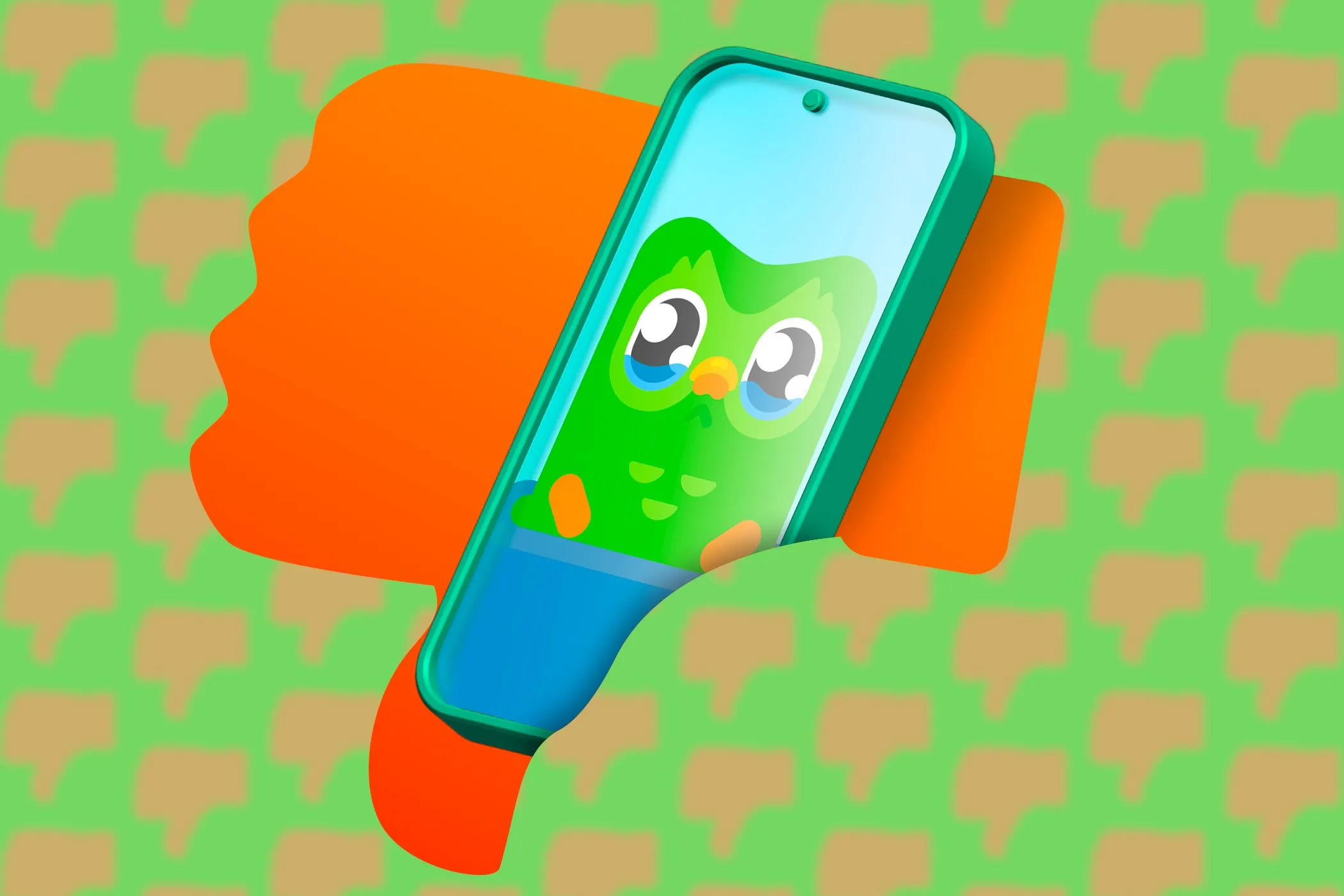 Điện thoại hiển thị ứng dụng Duolingo kèm biểu tượng ngón tay cái hướng xuống