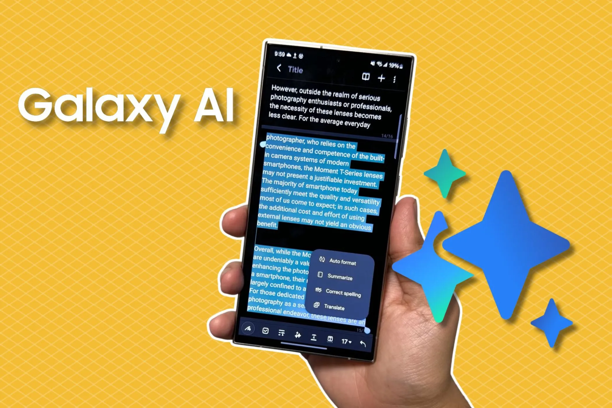 Điện thoại Samsung Galaxy S24 Ultra hiển thị biểu tượng Galaxy AI với nền màu vàng gradient