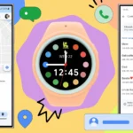 Đồ họa minh họa tính năng Galaxy Watch cho trẻ em, hiển thị đồng hồ và các chức năng kiểm soát như định vị, danh bạ qua ứng dụng Family Link.