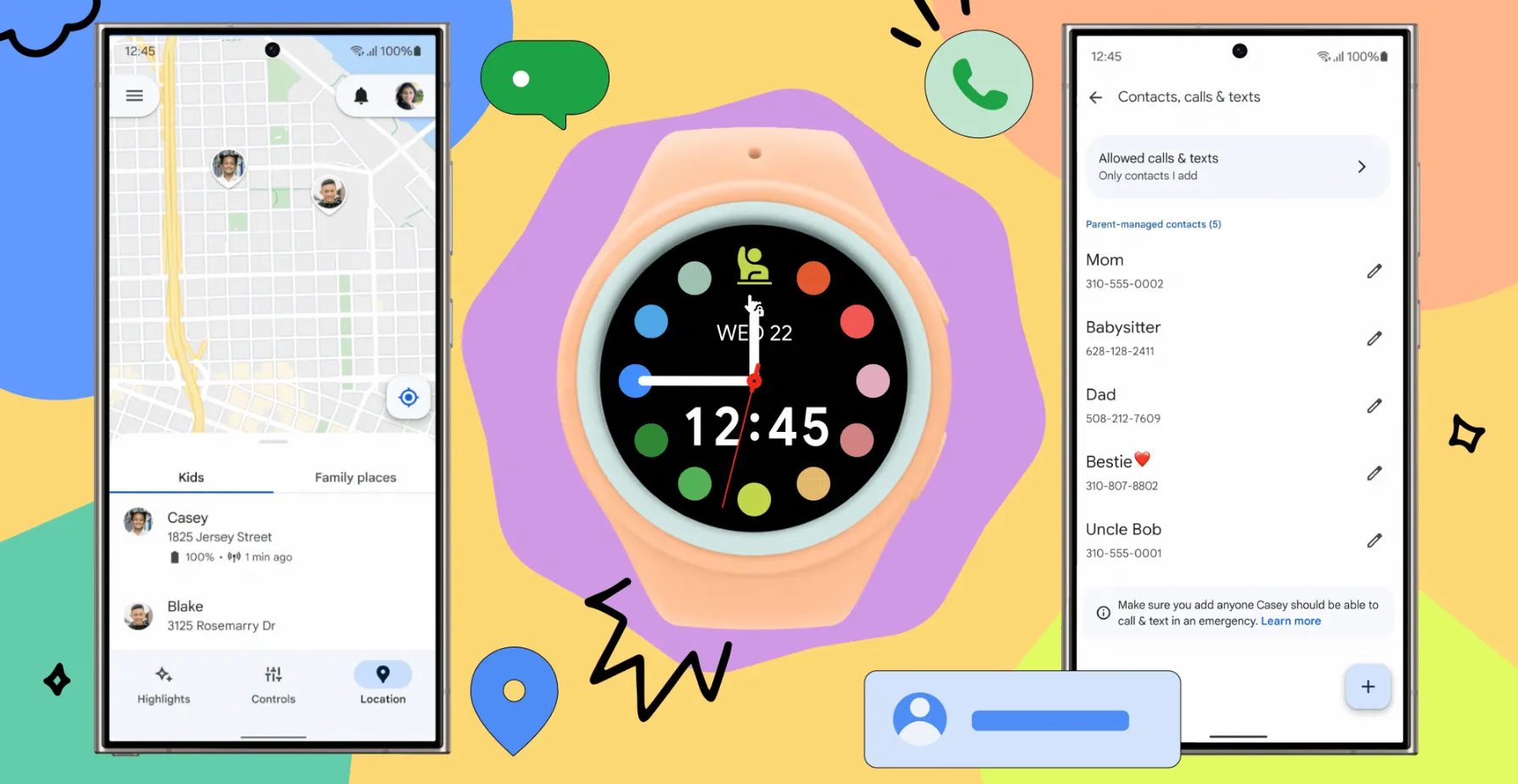 Đồ họa minh họa tính năng Galaxy Watch cho trẻ em, hiển thị đồng hồ và các chức năng kiểm soát như định vị, danh bạ qua ứng dụng Family Link.