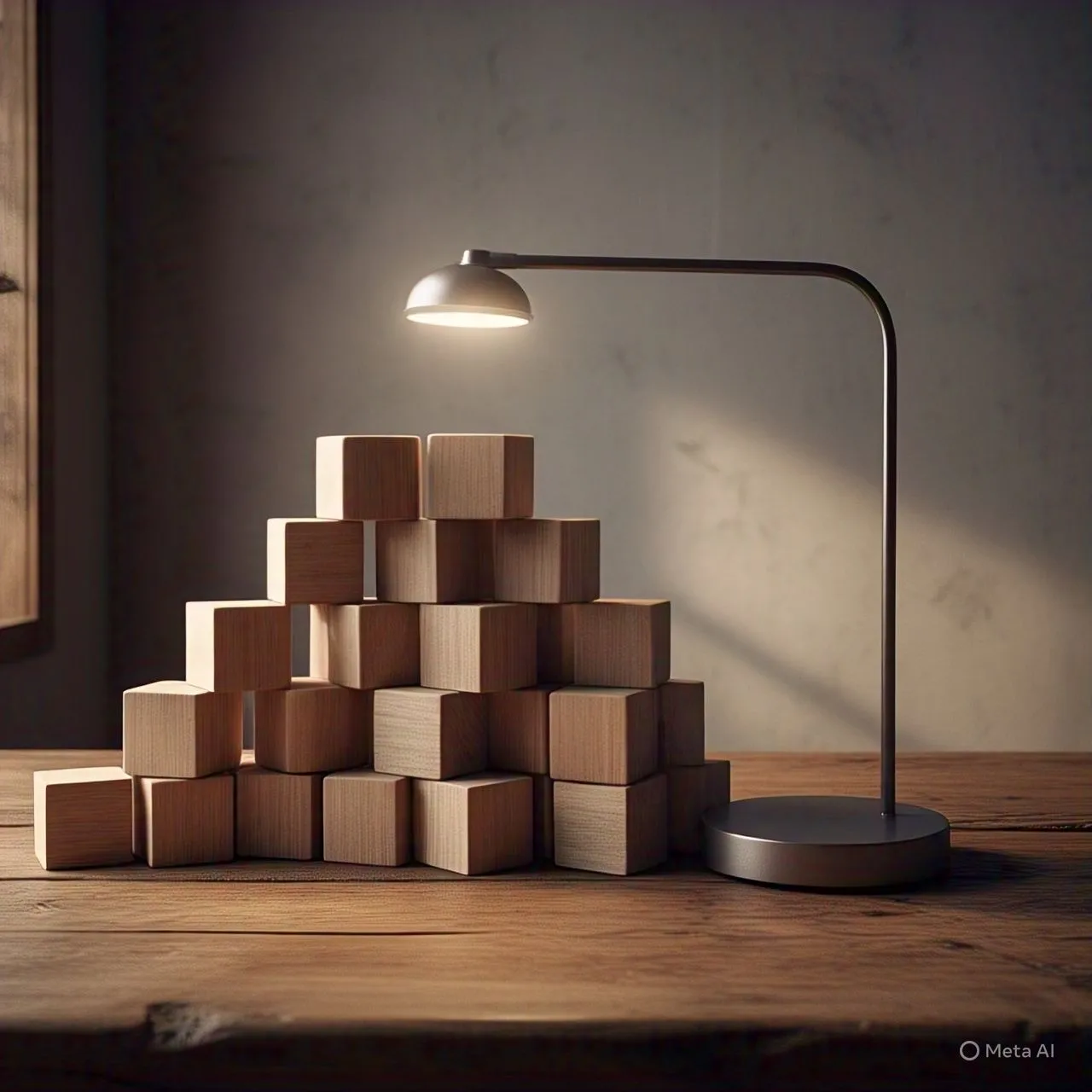 Đống khối gỗ dưới đèn với các nguồn sáng và bóng đổ không logic, dấu hiệu của hình ảnh AI.