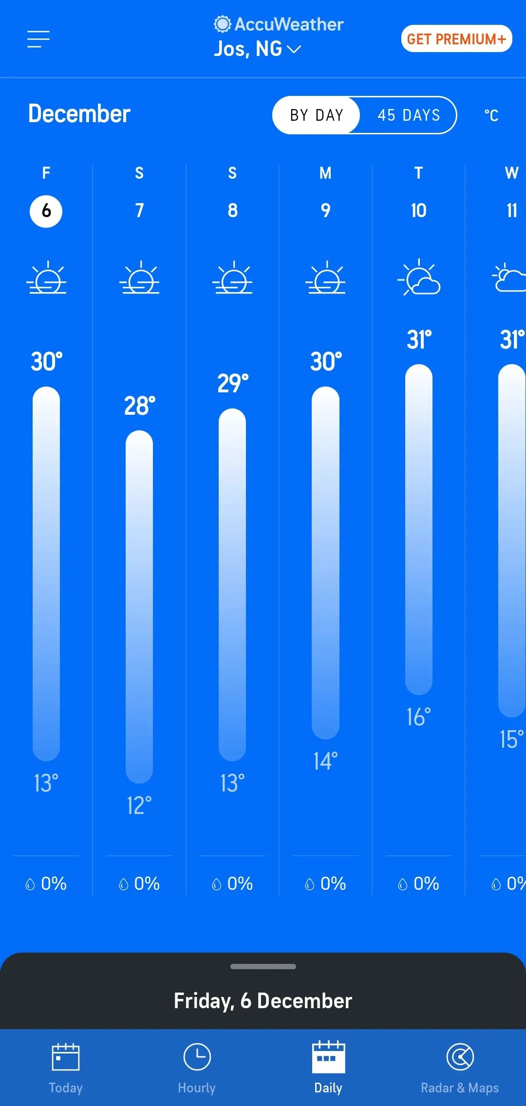 Dự báo nhiệt độ hàng ngày trên ứng dụng AccuWeather trong nhiều ngày tới.