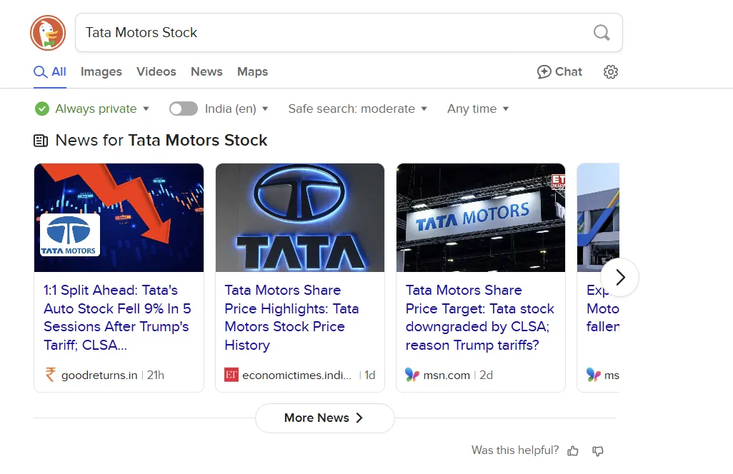DuckDuckGo chỉ cung cấp liên kết web khi tìm kiếm thông tin cổ phiếu Tata Motors
