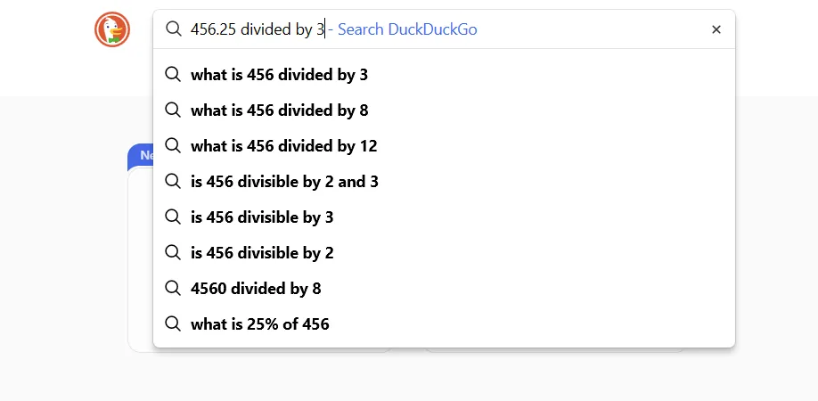 DuckDuckGo hiển thị các kết quả tìm kiếm thay vì tính toán trực tiếp phép chia &quot;456.25 chia 3&quot;
