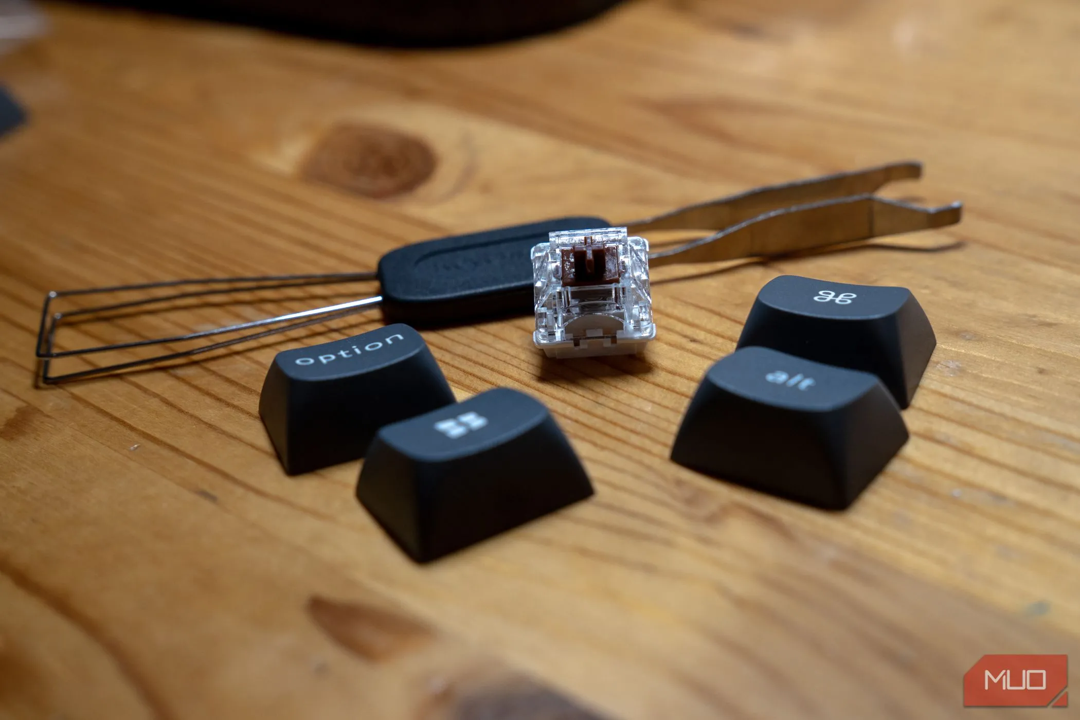 Dụng cụ tháo keycap và switch của Keychron K8 Max cùng các keycap và switch riêng lẻ.