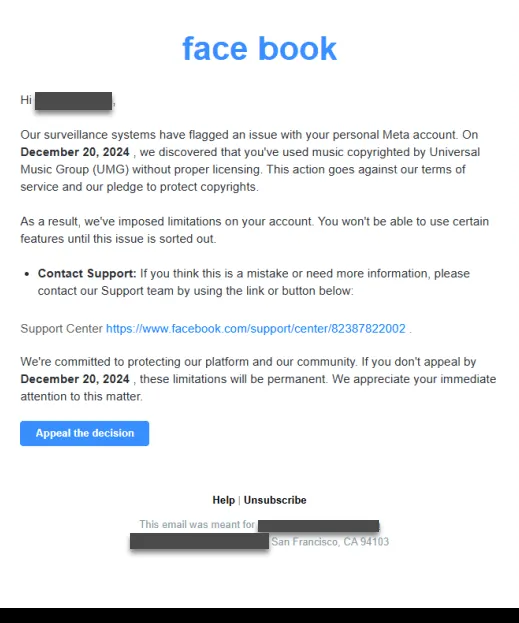 Email giả mạo Facebook với thông báo vi phạm bản quyền để lừa đảo người dùng.