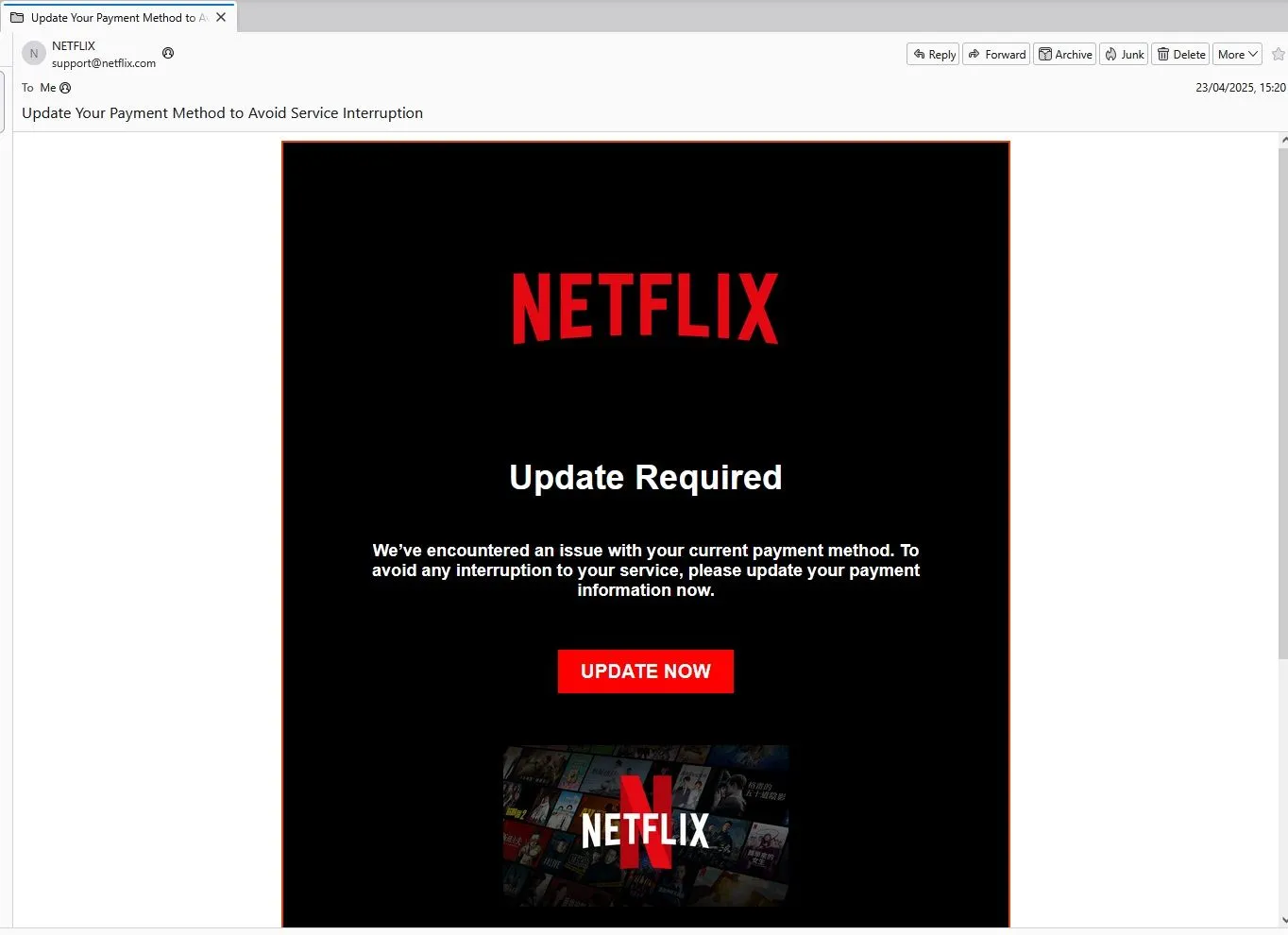 Email lừa đảo giả mạo Netflix yêu cầu cập nhật phương thức thanh toán để tránh gián đoạn dịch vụ.