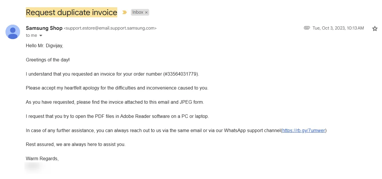 Email phản hồi từ Samsung xác nhận việc cung cấp lại hóa đơn để tra cứu số IMEI điện thoại