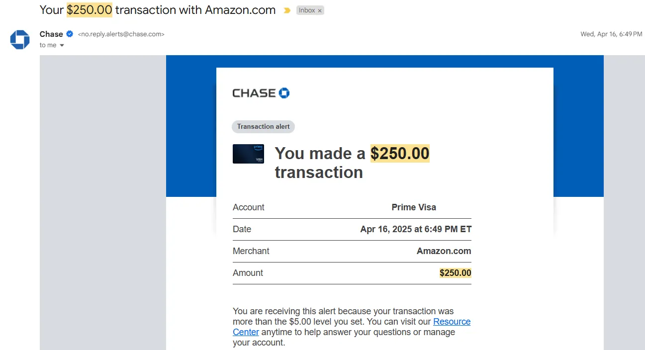 Email thông báo giao dịch gian lận 250 USD trên thẻ tín dụng Amazon Prime