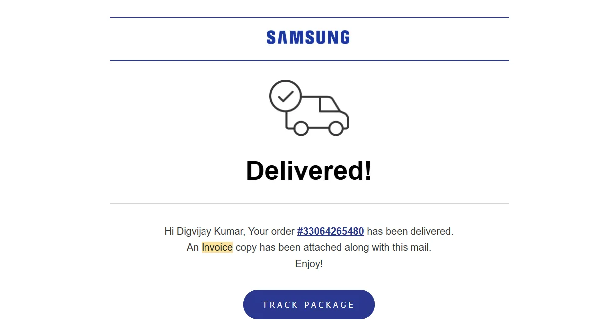 Email xác nhận mua hàng Samsung chứa thông tin hóa đơn và số IMEI của thiết bị
