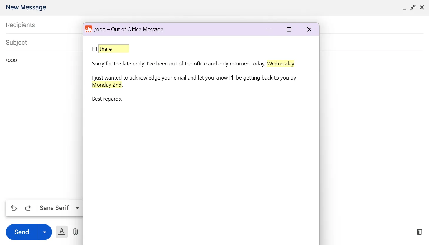 Form nhập liệu tùy chỉnh từ Text Blaze giúp soạn nhanh tin nhắn trả lời tự động Out of Office trong Gmail