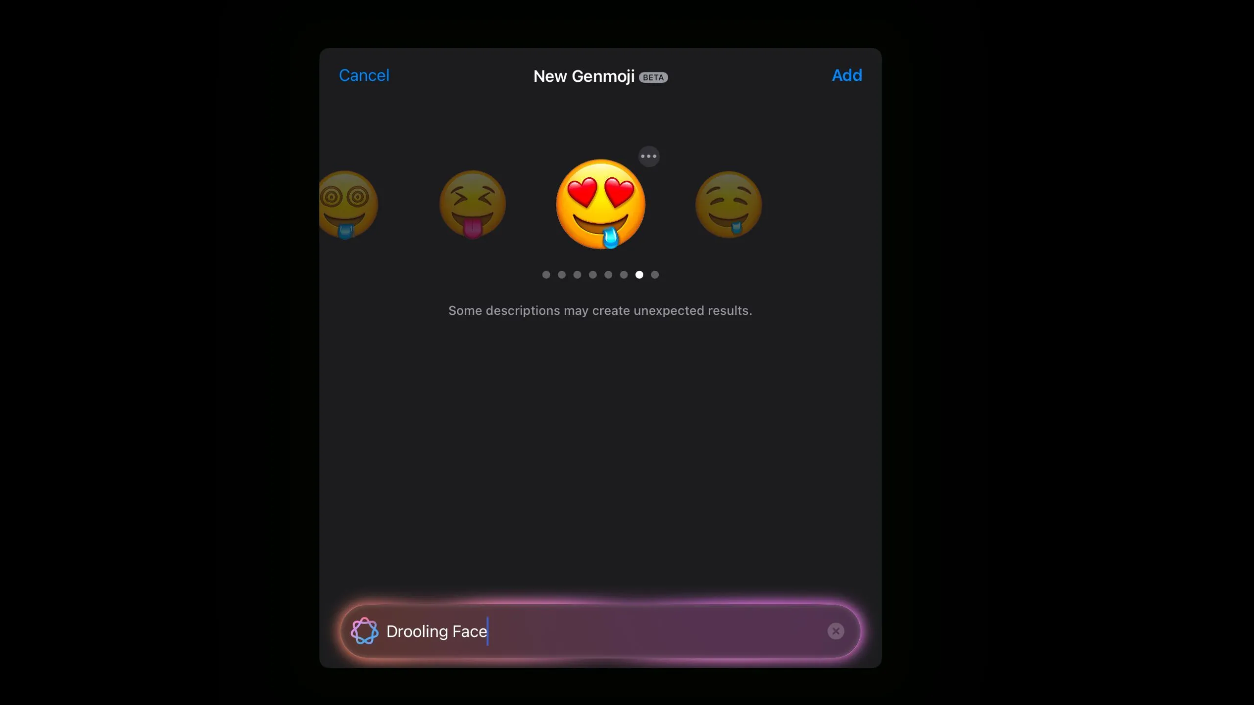 Genmoji tự động thêm mắt trái tim vào biểu tượng cảm xúc mặt chảy nước dãi