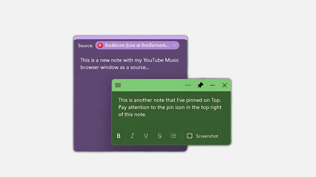 Ghi chú Sticky Notes trên Windows 11 được ghim cố định trên cùng màn hình, hiển thị qua một ứng dụng khác