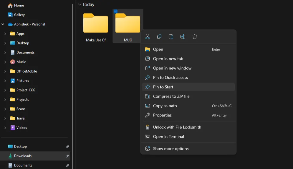 Ghim một thư mục tùy ý vào Menu Start của Windows 11 thông qua tùy chọn 'Pin to Start' trong File Explorer.