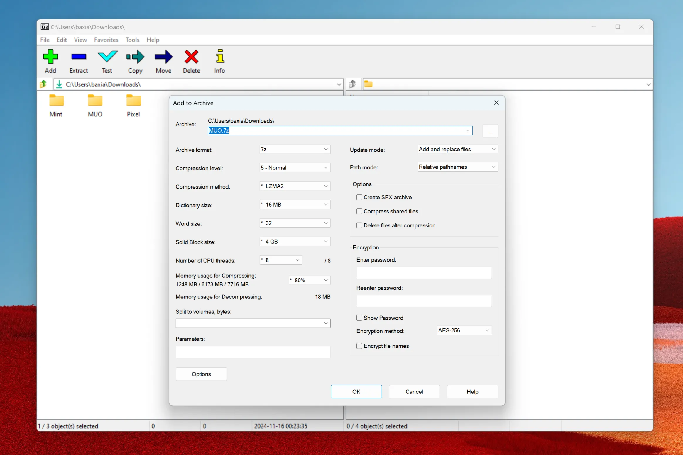 Giao diện 7-Zip hiển thị các tùy chọn khi tạo kho lưu trữ 7z mới, bao gồm mức độ nén và phương thức mã hóa.