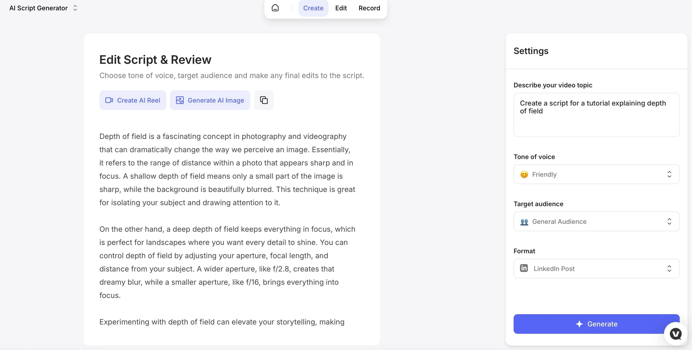 Giao diện AI Script Generator của Veed.io để tạo kịch bản video tự động