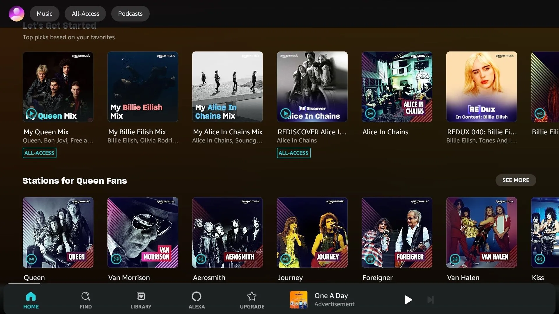 Giao diện Amazon Music Prime với các danh sách phát All-Access và cộng đồng, thể hiện kho nhạc khổng lồ không quảng cáo cho thành viên Prime.