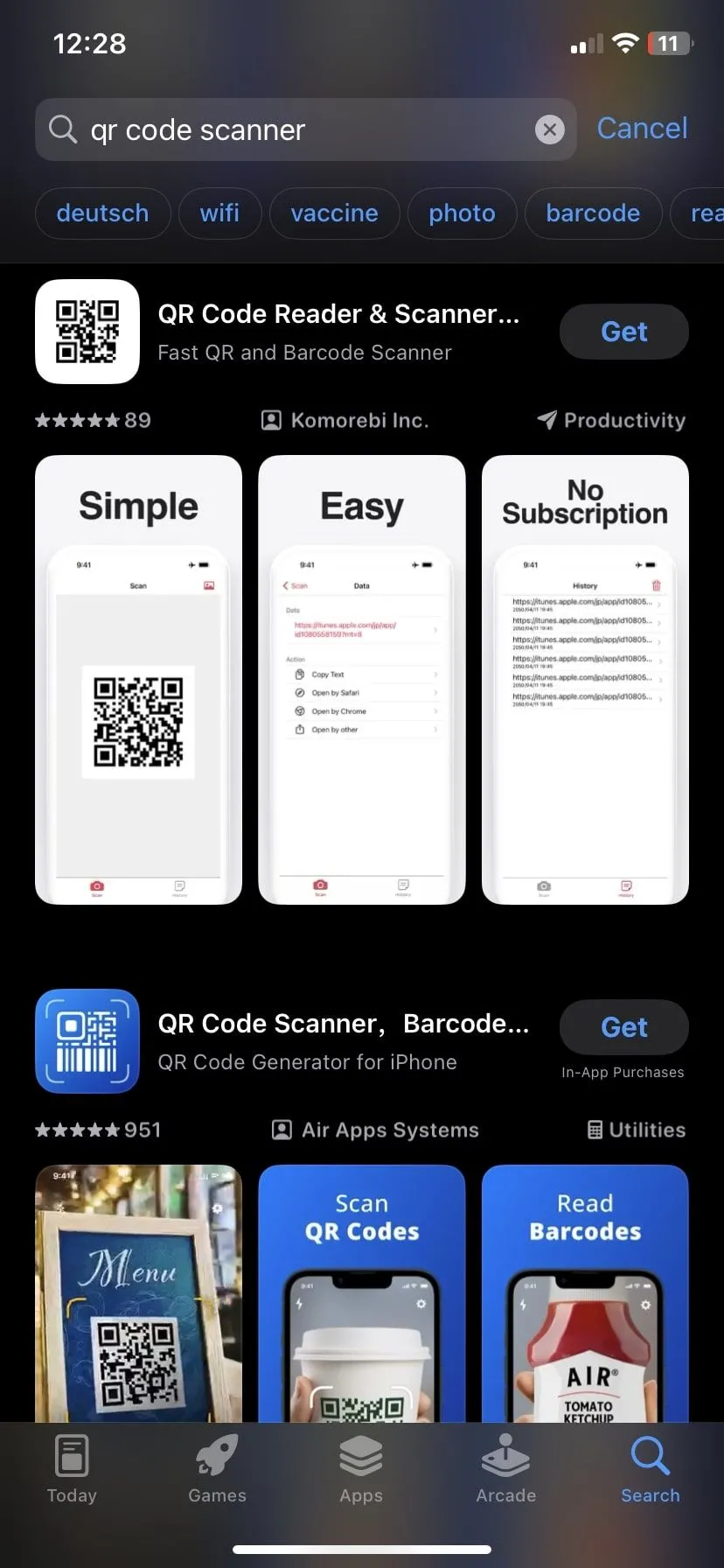 Giao diện App Store hiển thị danh sách các ứng dụng quét mã QR bên thứ ba trên iPhone.