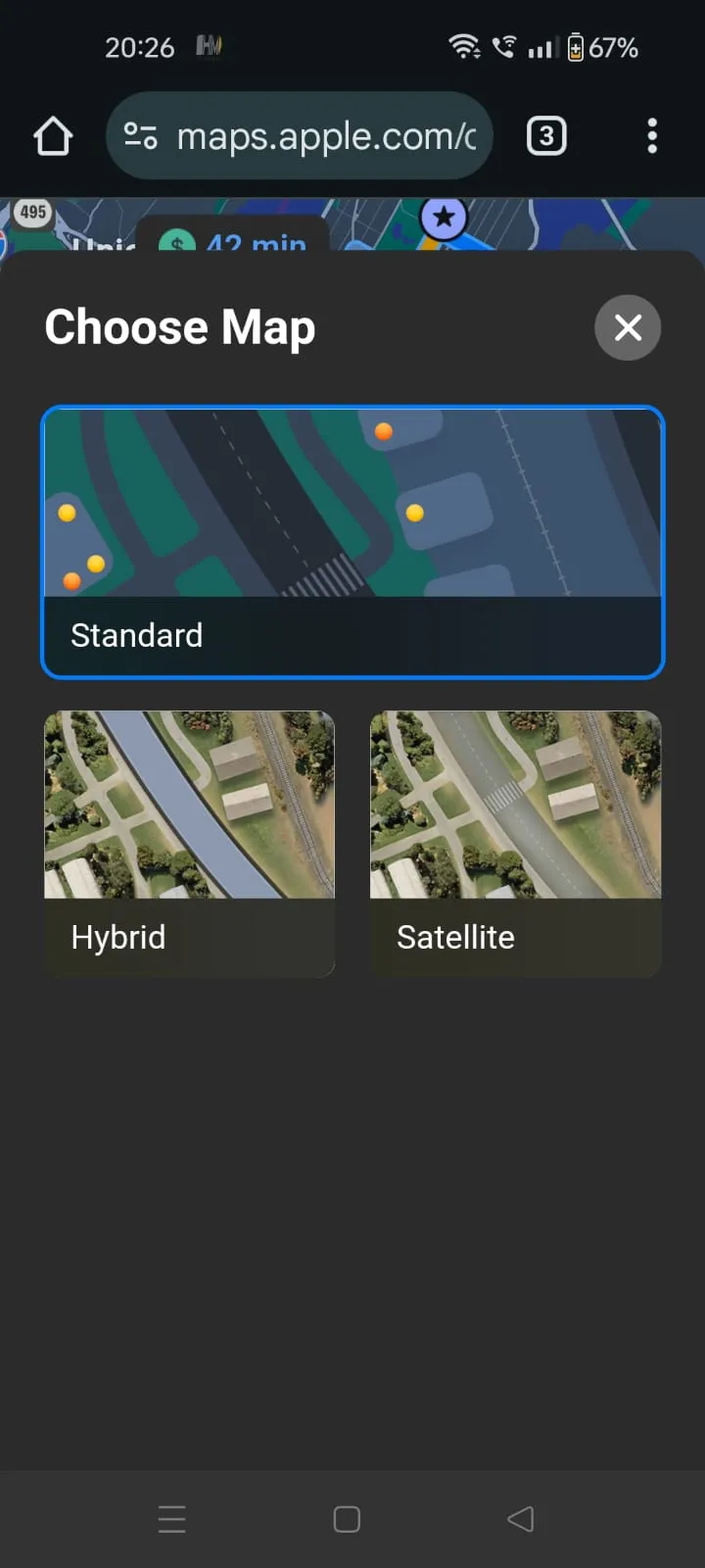 Giao diện Apple Maps với chế độ xem vệ tinh và hỗn hợp trên trình duyệt