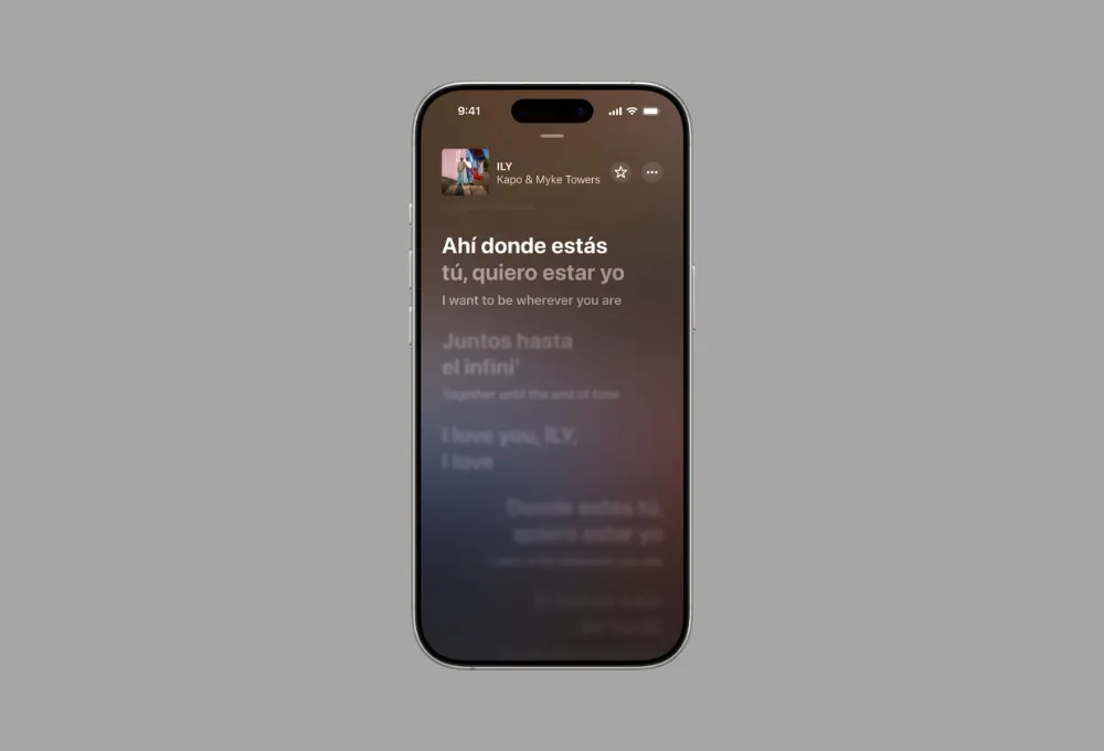 Giao diện Apple Music hiển thị lời bài hát gốc và bản dịch song ngữ thời gian thực