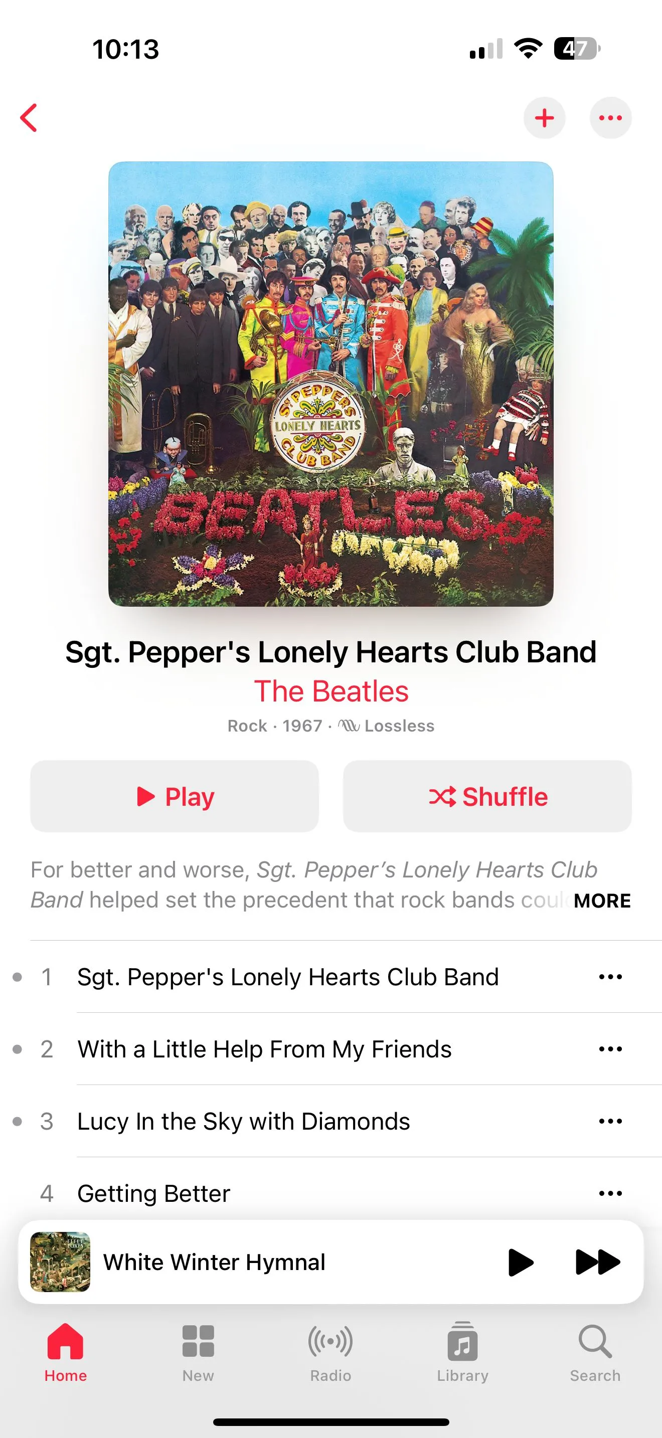 Giao diện Apple Music hiển thị trang album hoặc bài hát để tạo đài phát thanh