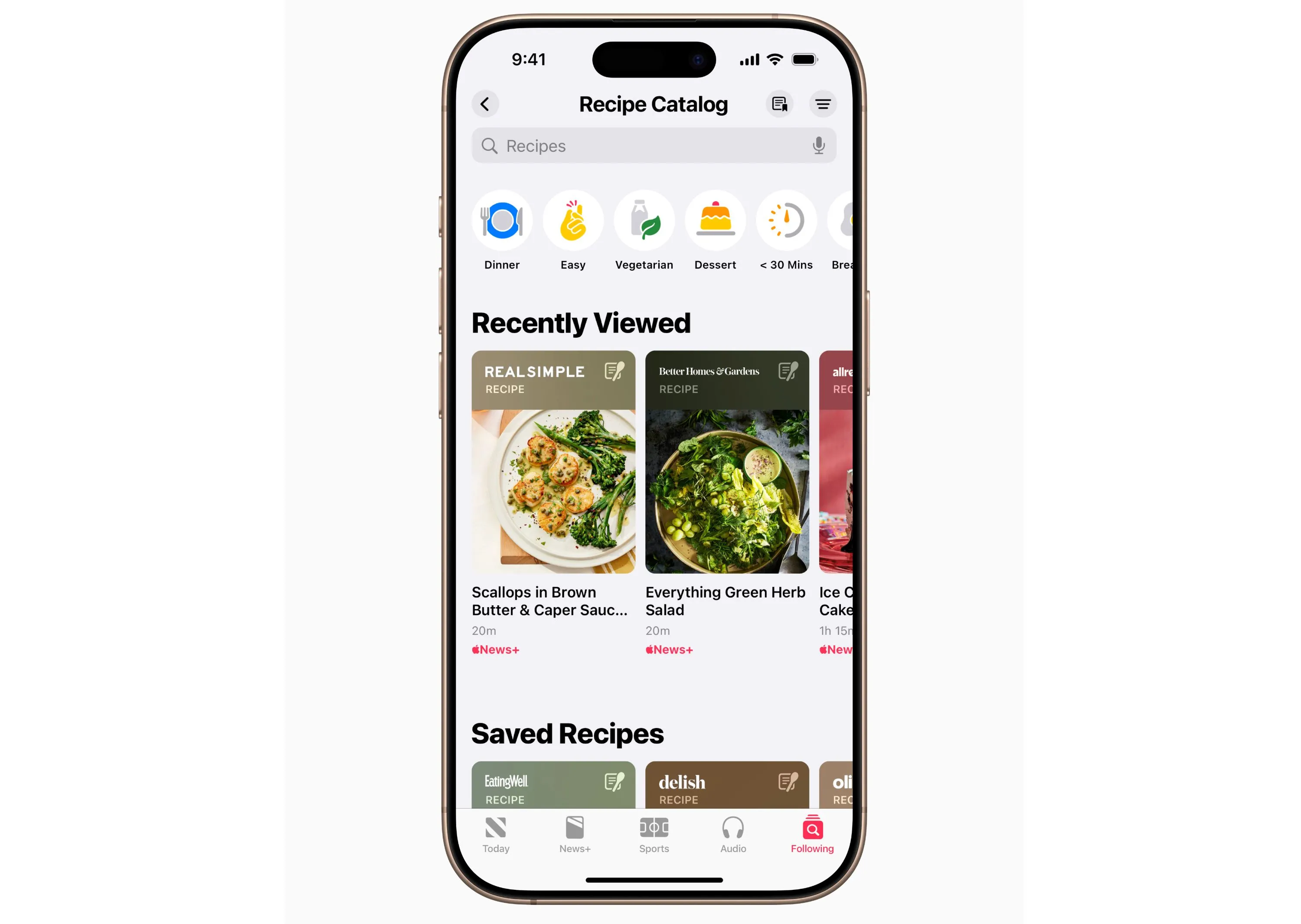 Giao diện Apple News+ Food hiển thị danh mục các công thức nấu ăn đa dạng.