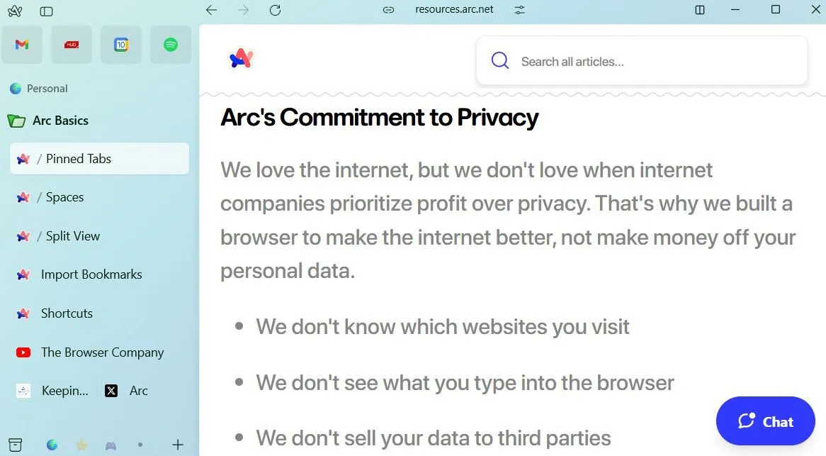 Giao diện Arc Browser hiển thị chính sách quyền riêng tư của The Browser Company, cam kết không theo dõi hoặc bán dữ liệu người dùng, nâng cao bảo mật