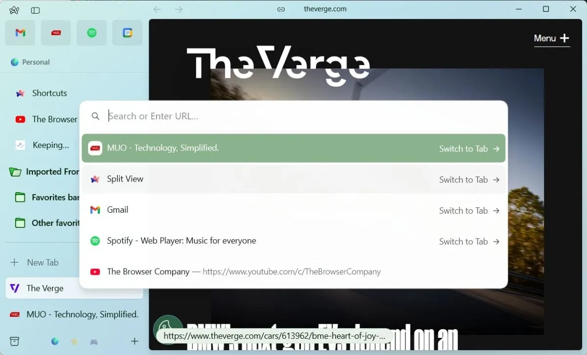 Giao diện Arc Browser hiển thị tùy chọn chuyển sang tab đã mở, giúp tránh trùng lặp và tối ưu quản lý tab