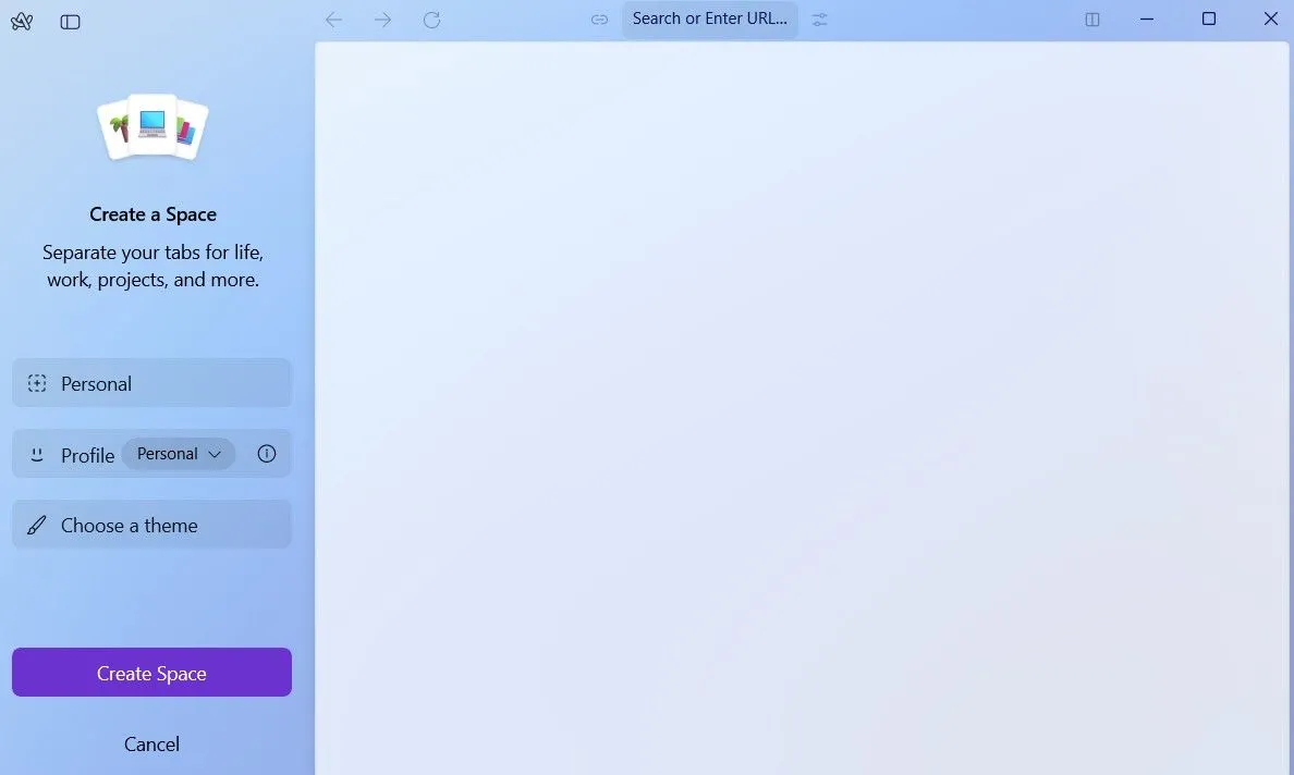 Giao diện Arc Browser hiển thị tùy chọn tạo Space mới, cho phép người dùng thiết lập không gian duyệt web riêng biệt cho từng mục đích (công việc, cá nhân)