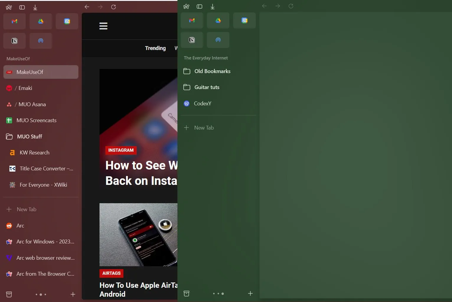 Giao diện Arc browser trên Windows với tính năng Spaces và các tab ghim