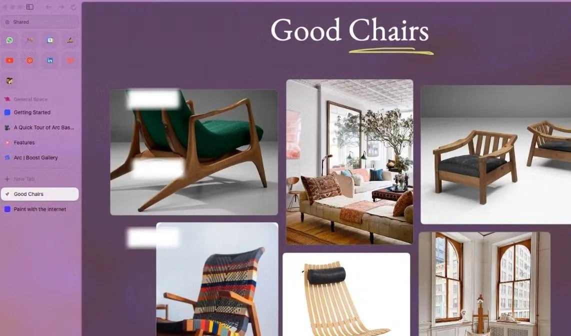 Giao diện Arc Easel, một bảng trắng ảo trong trình duyệt Arc, hiển thị hình ảnh và ý tưởng để người dùng thoải mái ghi chú và sắp xếp