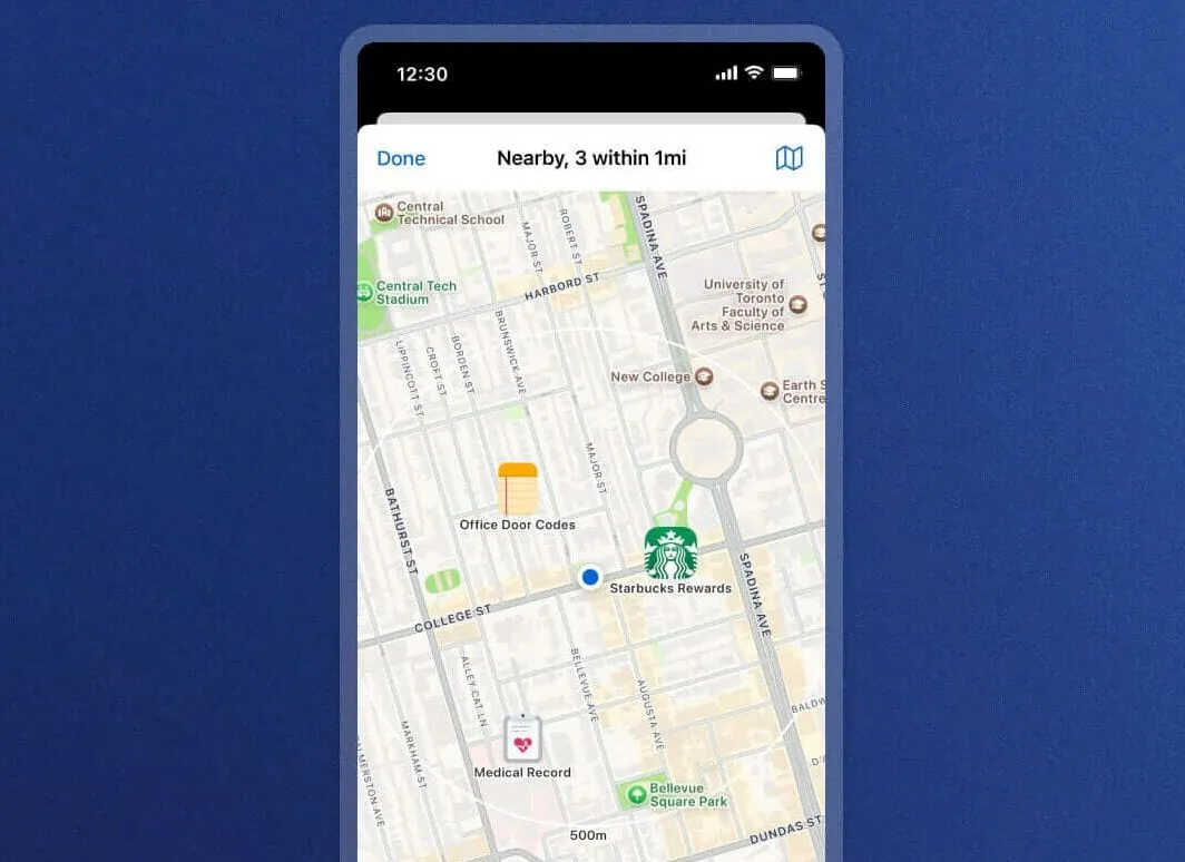 Giao diện bản đồ của 1Password hiển thị các mục dữ liệu được gán theo vị trí cụ thể, tối ưu khả năng truy cập nhanh chóng.