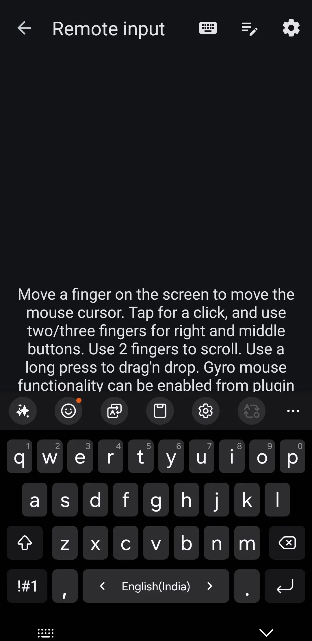 Giao diện bàn phím ảo của KDE Connect trên điện thoại Android, cho phép nhập liệu từ xa lên máy tính.