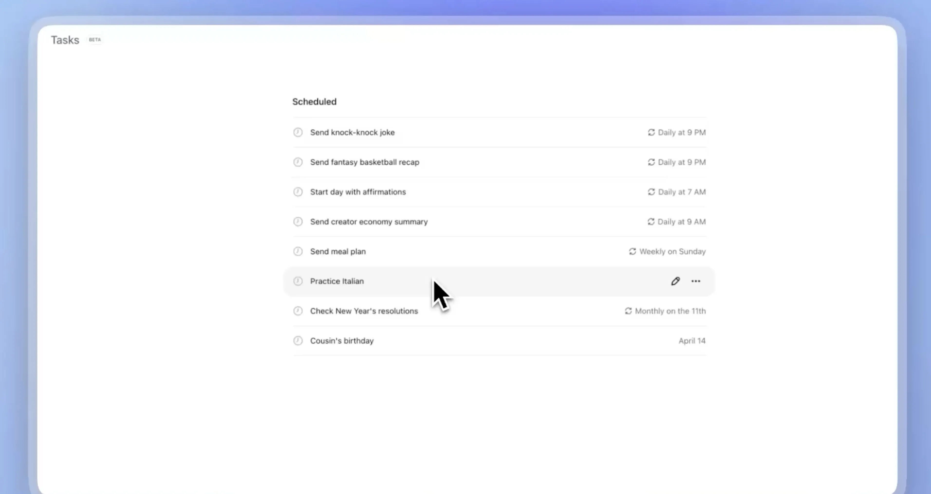 Giao diện bảng điều khiển "Tasks" mới của ChatGPT hiển thị các tác vụ đã lập lịch như nhắc nhở hết hạn hộ chiếu và báo cáo thời tiết hàng ngày.