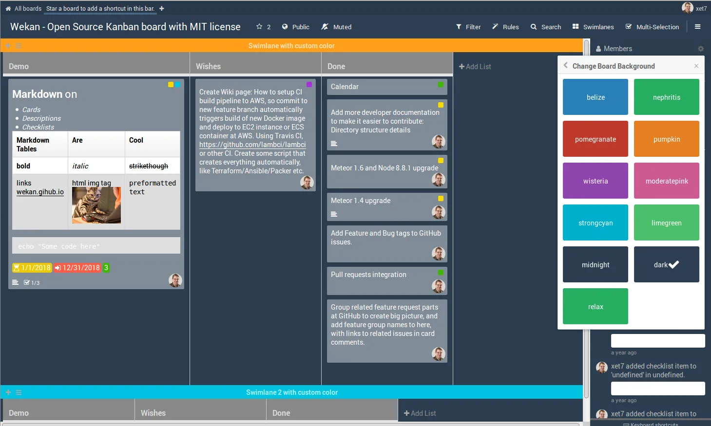 Giao diện bảng Kanban của WeKan hiển thị các cột công việc và thẻ nhiệm vụ trên nền web