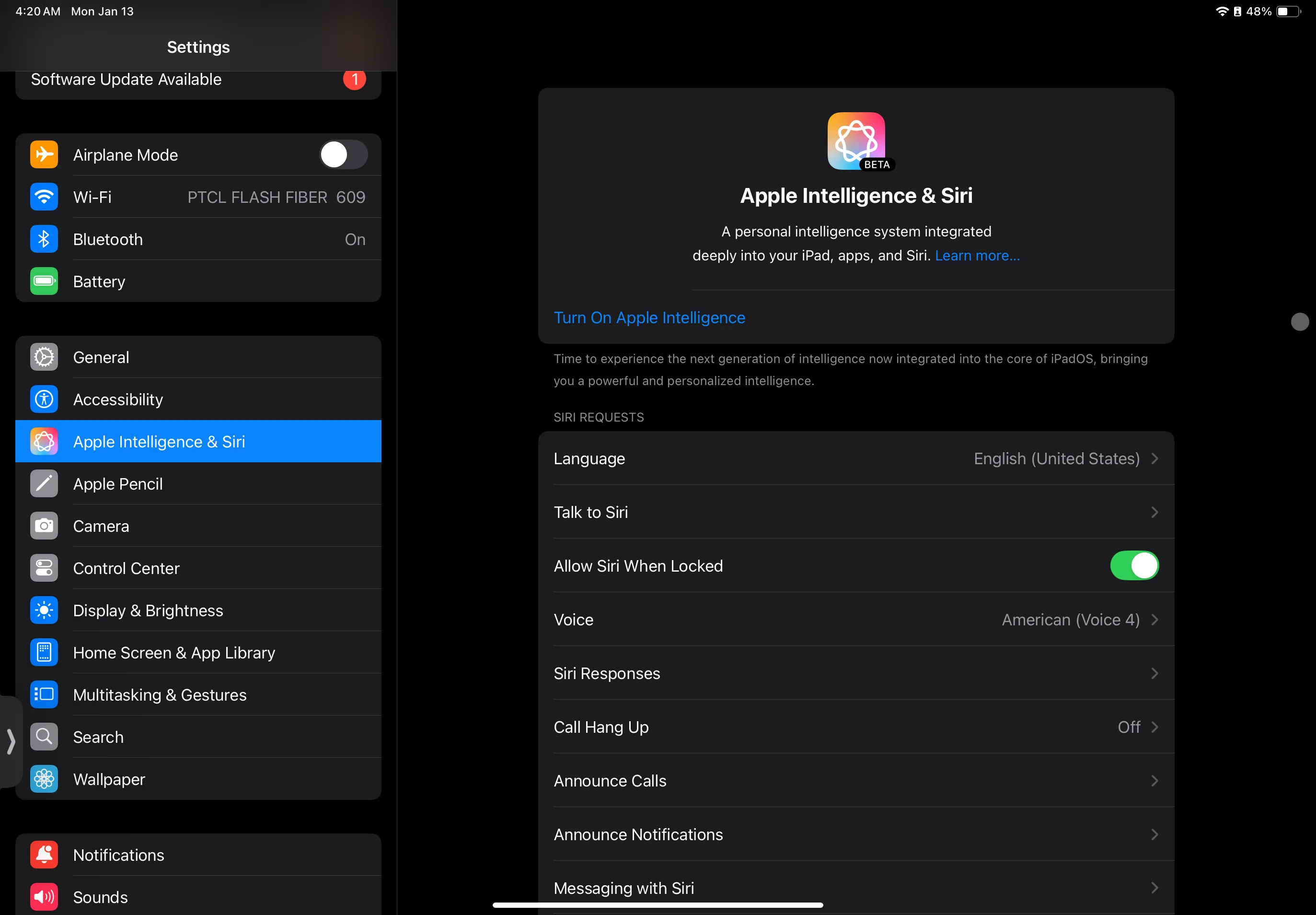 Giao diện cài đặt Apple Intelligence và Siri trên iPad
