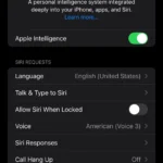 Giao diện cài đặt Apple Intelligence và Siri trên iPhone hỗ trợ AI