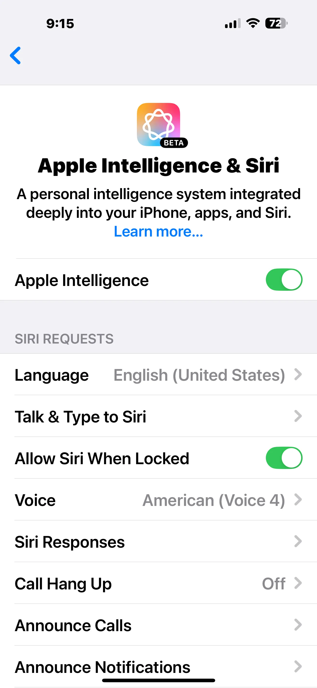 Giao diện cài đặt Apple Intelligence và Siri trên iPhone, tùy chọn tắt tính năng AI
