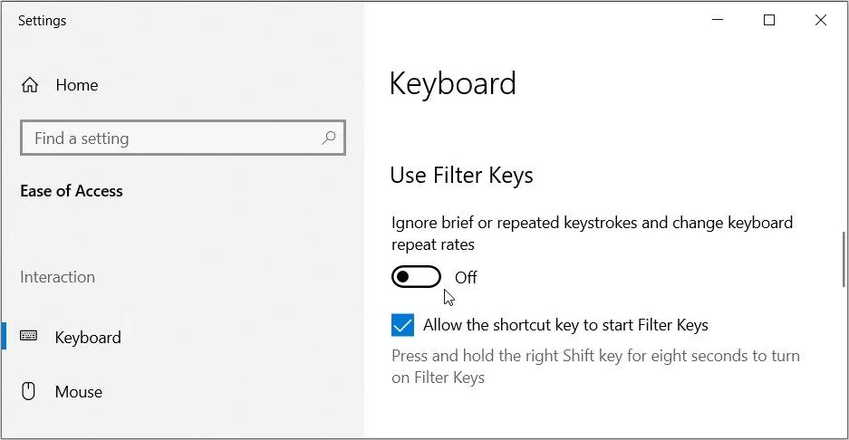 Giao diện cài đặt Bàn phím trong mục Hỗ trợ tiếp cận trên Windows 10, minh họa cách tắt tính năng Filter Keys để khắc phục lỗi nhập liệu chậm.