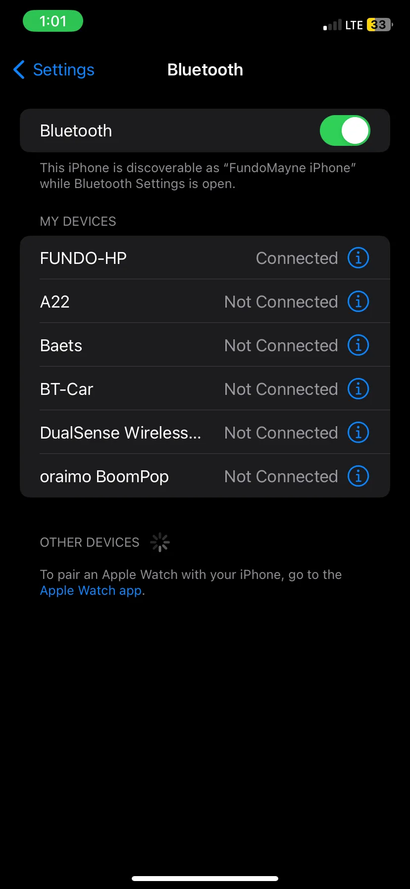 Giao diện cài đặt Bluetooth trên iPhone, nơi người dùng có thể tắt kết nối Bluetooth để tiết kiệm pin