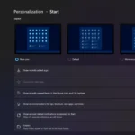Giao diện cài đặt bố cục Menu Start trên Windows 11, hiển thị các tùy chọn 'Nhiều ứng dụng ghim', 'Mặc định' và 'Nhiều đề xuất'.