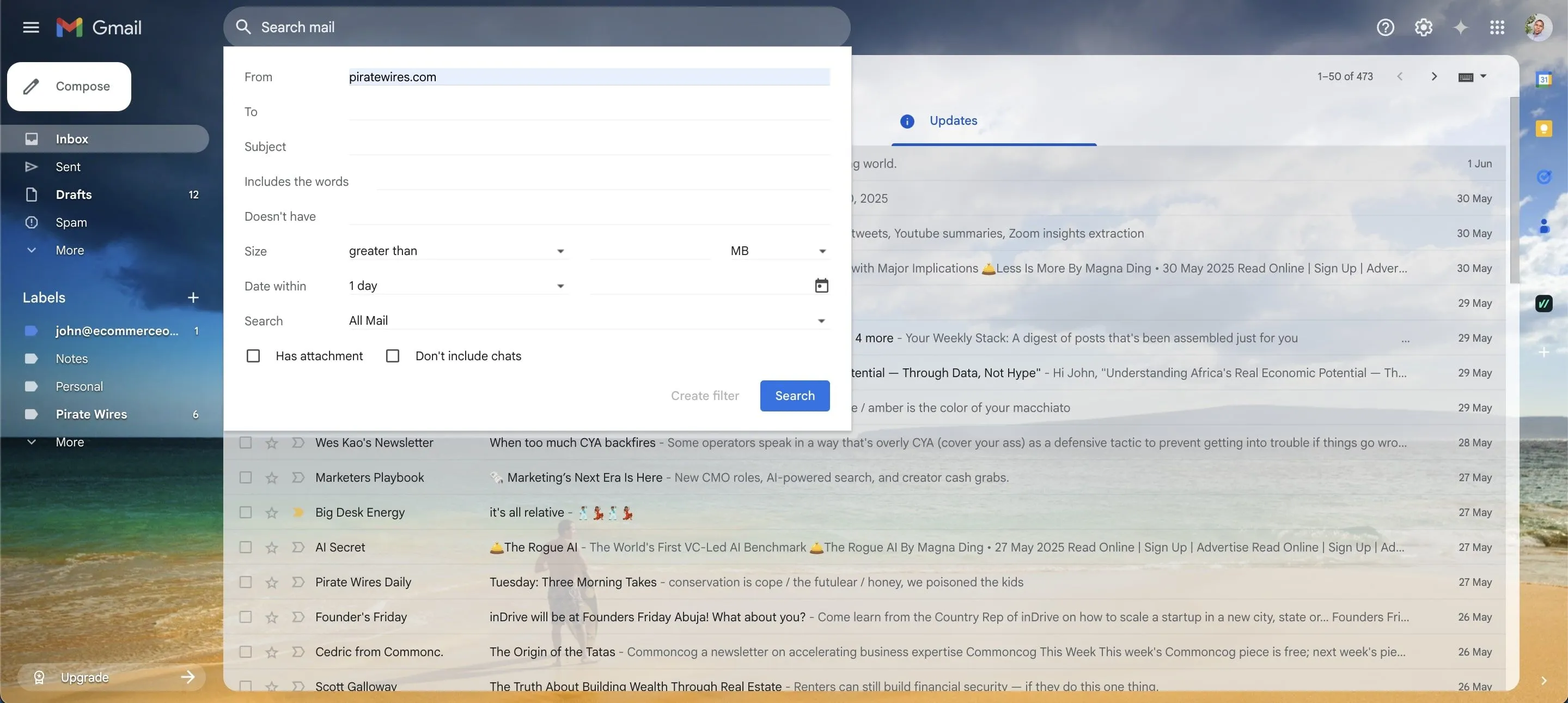 Giao diện cài đặt bộ lọc trên Gmail, hiển thị các trường nhập liệu để tạo bộ lọc tìm kiếm Gmail tự động, giúp quản lý email hiệu quả.