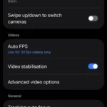 Giao diện Cài đặt Camera Samsung với tùy chọn 'Phát lại âm thanh' được bật