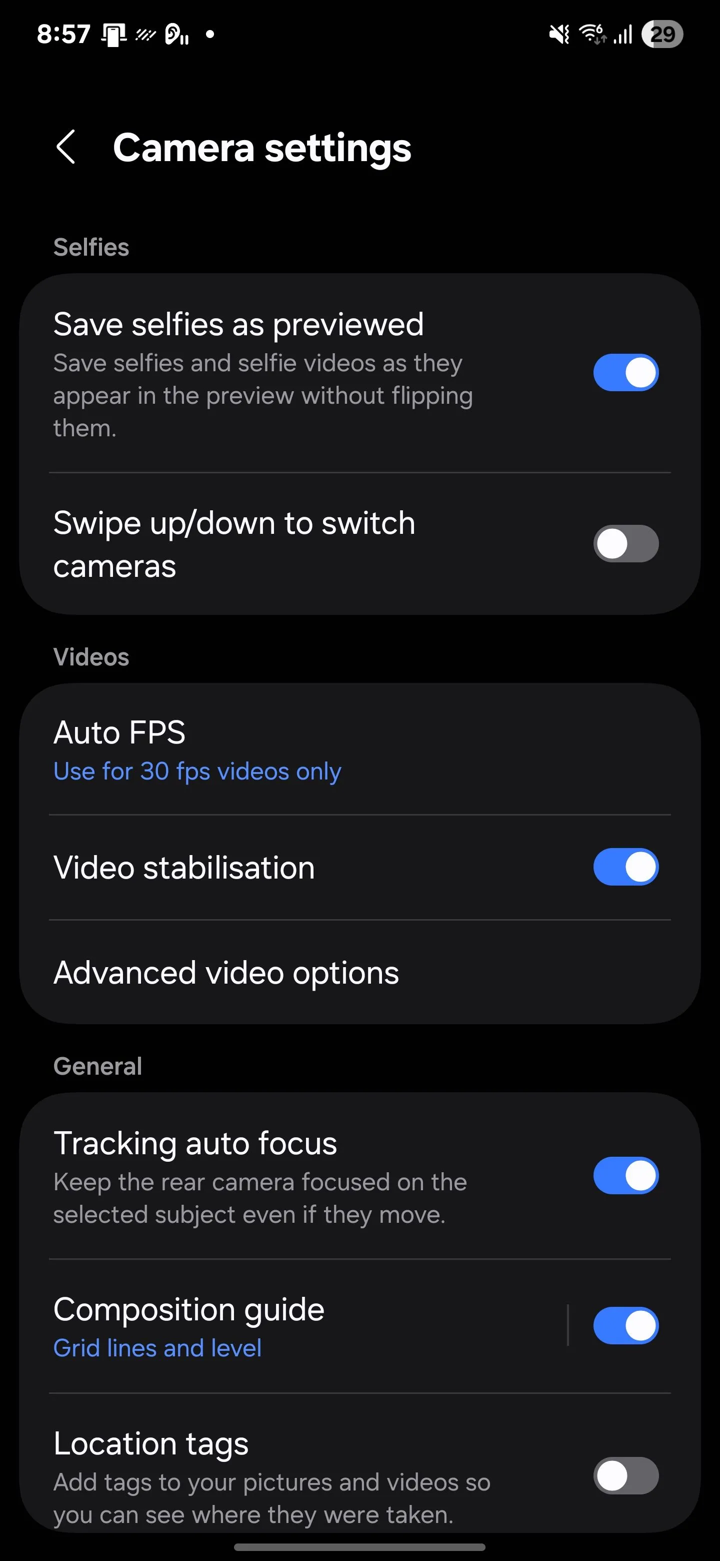 Giao diện Cài đặt Camera Samsung với tùy chọn 'Phát lại âm thanh' được bật