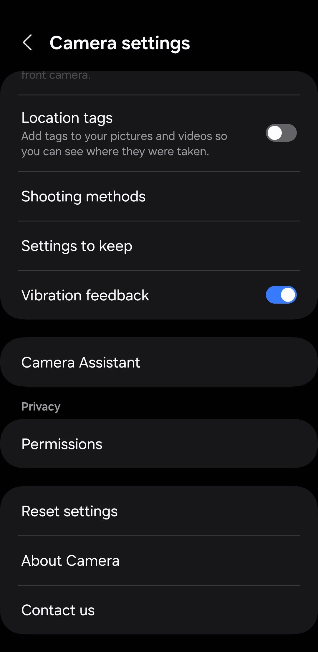 Giao diện cài đặt camera trên điện thoại Samsung, hiển thị mục Camera Assistant
