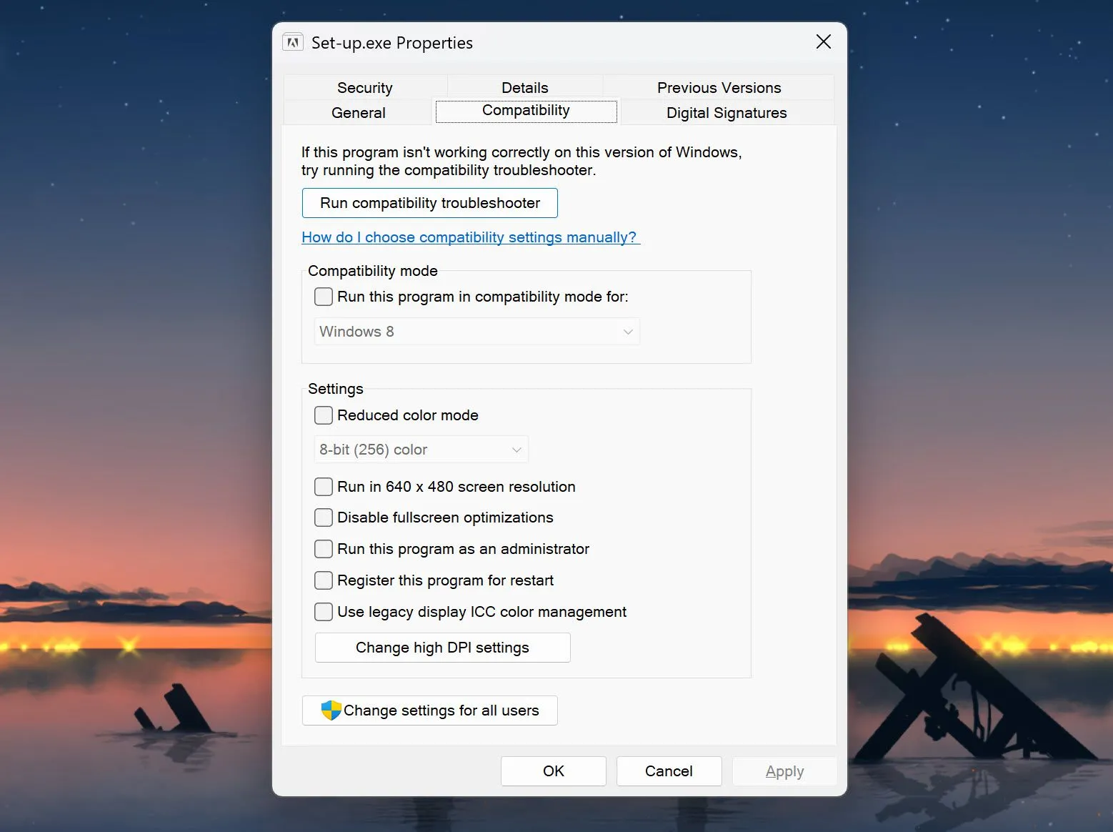 Giao diện cài đặt Chế độ tương thích và các tùy chọn khắc phục lỗi trên Windows 11