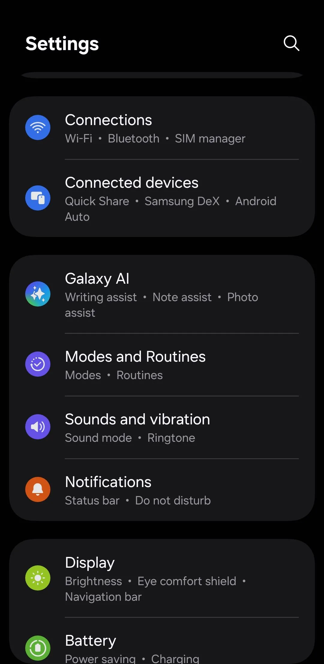 Giao diện cài đặt chính trên điện thoại Samsung
