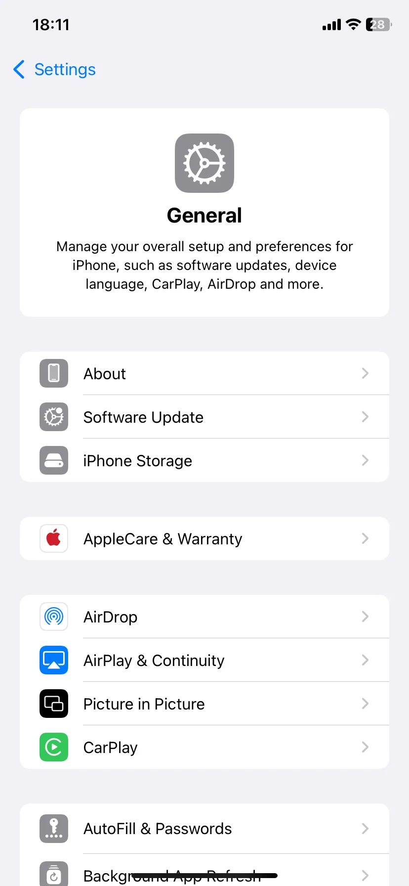 Giao diện Cài đặt chung trên iPhone để quản lý bộ nhớ ứng dụng Mail