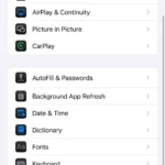 Giao diện Cài đặt chung trên iPhone với tùy chọn Từ điển được đánh dấu.