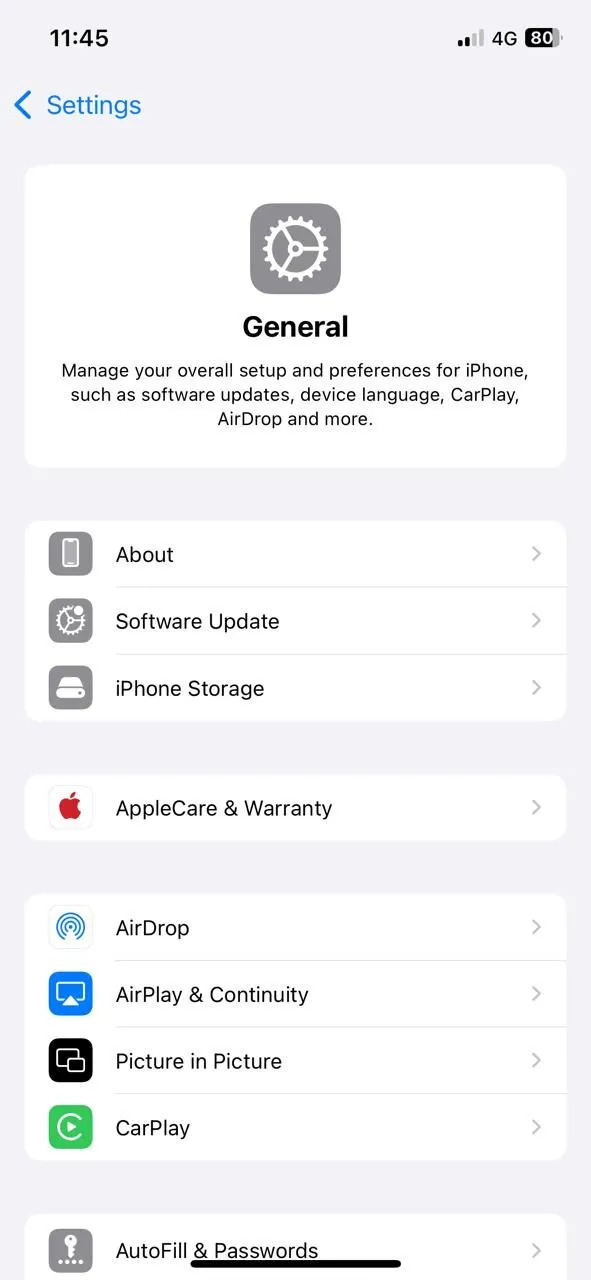 Giao diện cài đặt Chung trên iPhone
